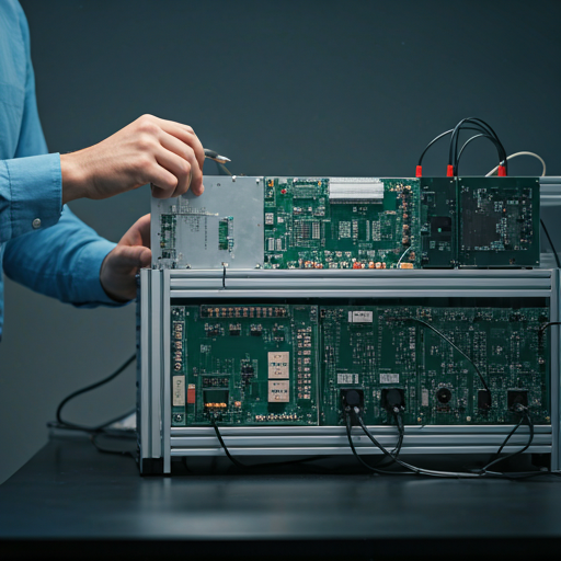 Engineer working on complex hardware system in lab